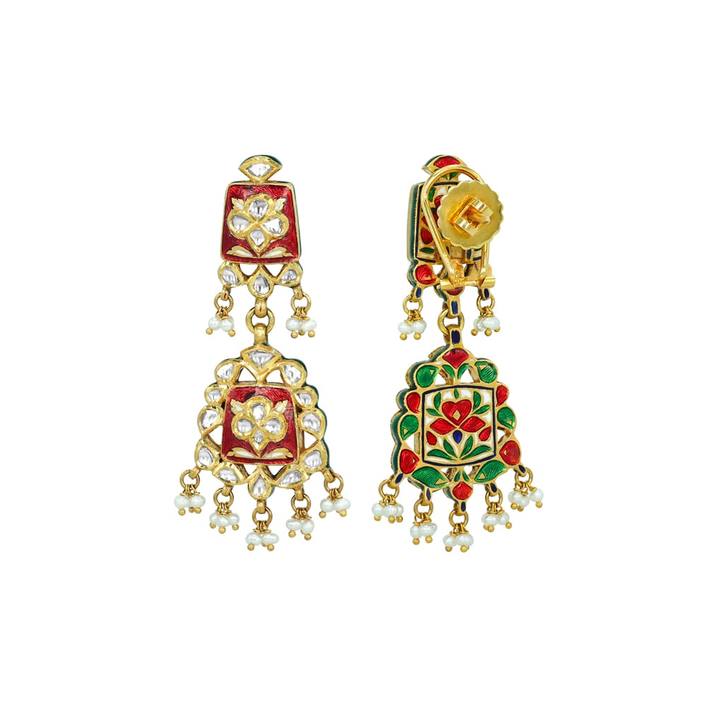 Red Enamel Polki Earrings with Floral Motifs and Cheed Pearls